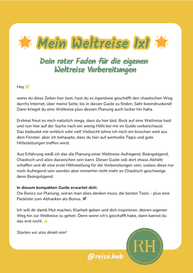 Titelseite des Weltreise 1×1 Guides: gelbes Cover mit dem Titel Mein Weltreise 1×1 und grünem Untertitel